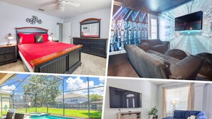 A bedroom with a red bedspread, a ceiling fan, and a mirror. The image also shows a living room with a large TV, a pool, and a patio with outdoor furniture. - Christopher's Windsor Hills Home (Kissimmee)