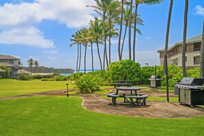 A well-maintained outdoor area with picnic tables, a barbecue grill, and tall palm trees. - Aston Poipu Kai Kauai 216 | Lush Garden Views – Pool & Hot Tub (Koloa)