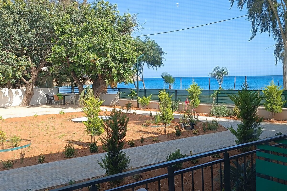 A view of a landscaped outdoor area with a paved walkway, trees, and a clear view of the sea.