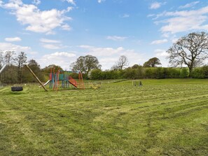 A grassy field with a playground, including a slide and swings, and a soccer goal.