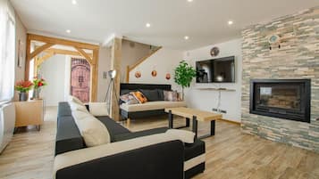 Télévision, cheminée, livres