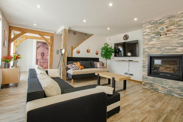 TV, caminetto, libri