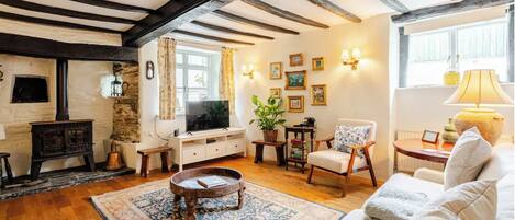 Smart TV, fireplace, video games, DVD player