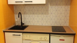 A compact kitchen with a sink, a dishwasher, and a washing machine. - Charmant Studio vue Montagne Proche Ville et Thermes (Digne-les-Bains)