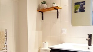 A bathroom with a toilet, a sink, and a mirror. There are two shelves above the toilet, one holding a plant and the other a decorative item. - Charmant Studio vue Montagne Proche Ville et Thermes (Digne-les-Bains)