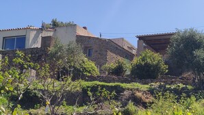 Una casa in pietra rustica con tetto in tegole, immersa nel verde e circondata da alberi.