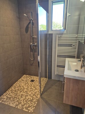 Shower, towels, soap, toilet paper