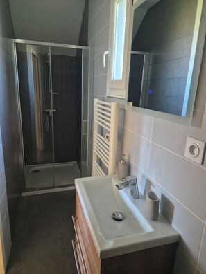 Regadera, toallas, jabón, papel de baño 
