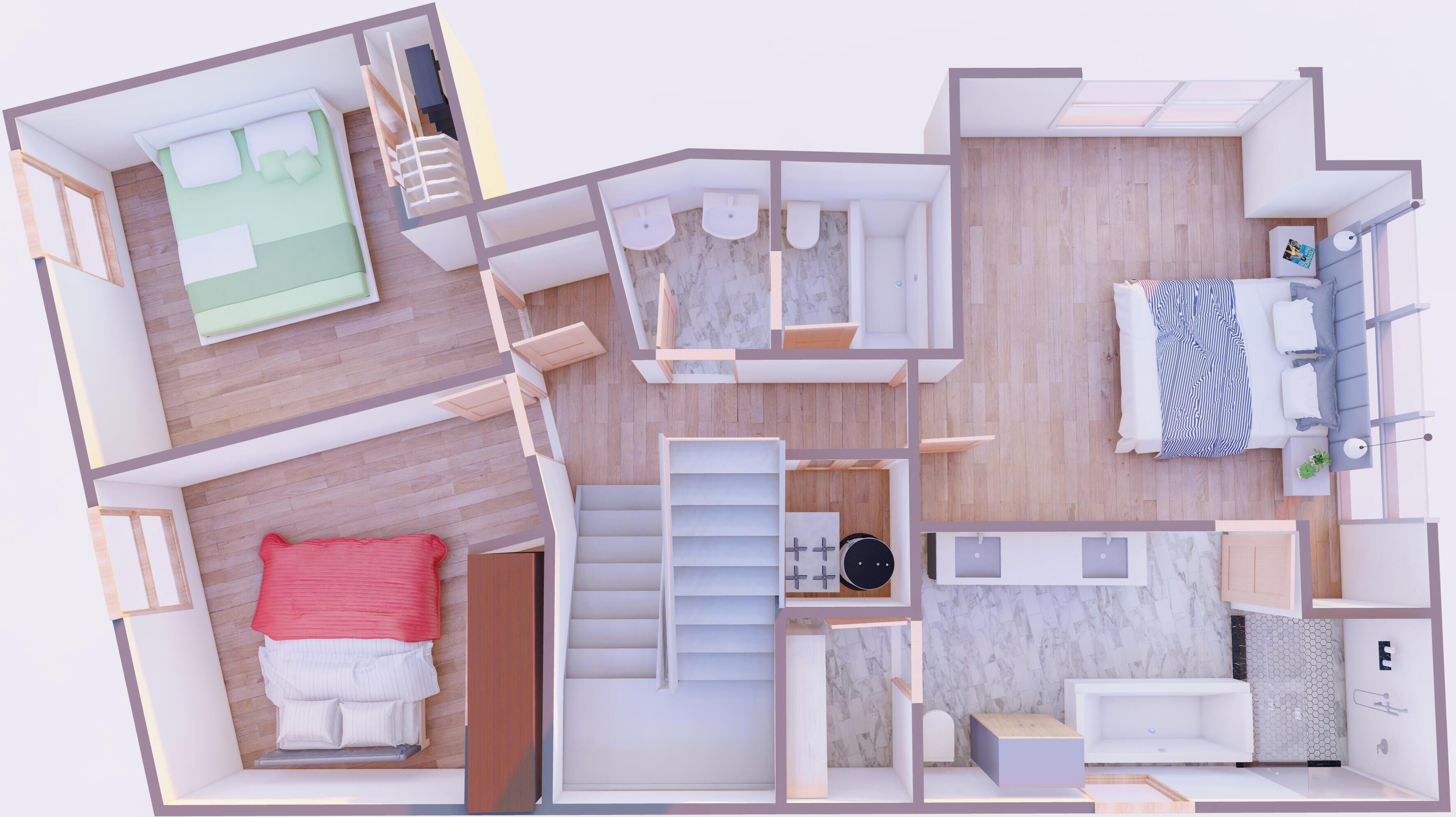 Een plattegrond van een hotelkamer met een bed, een bureau, een badkamer en een trap.
