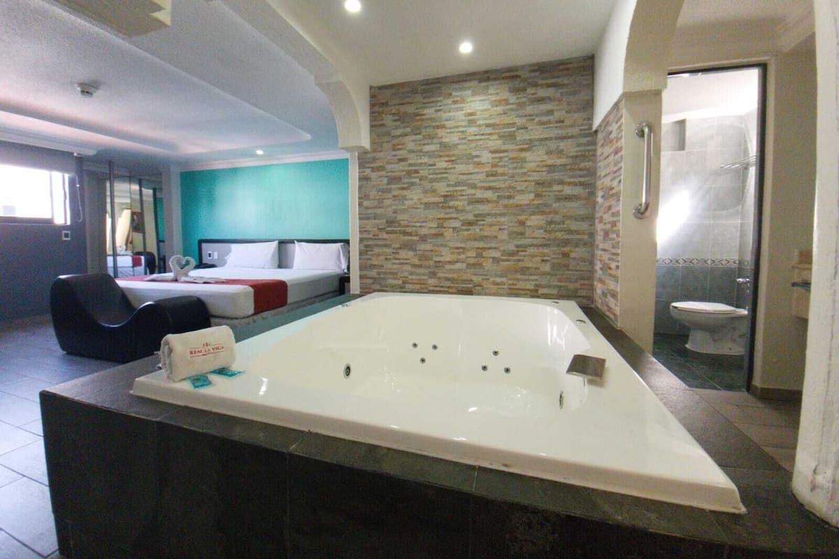 Een moderne badkamer met een ruime badkuip, een douchegedeelte en een apart toilet.