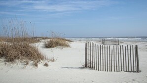 En sandstrand med ett trästaket och högt gräs.
