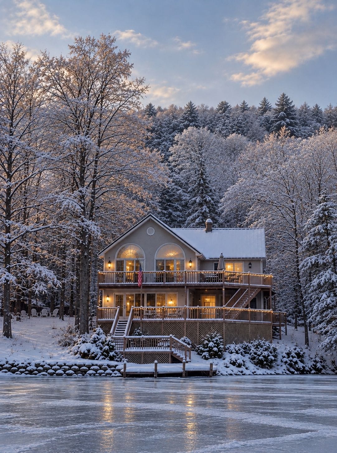 A two-story lodge with a balcony and a deck, surrounded by snow-covered trees.
