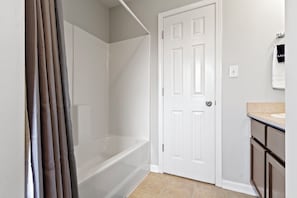 Hair dryer, towels, soap, shampoo