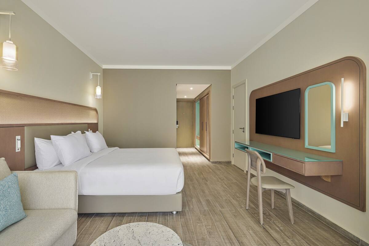 A hotel room with a bed, a desk, a chair, a television, and a mirror.