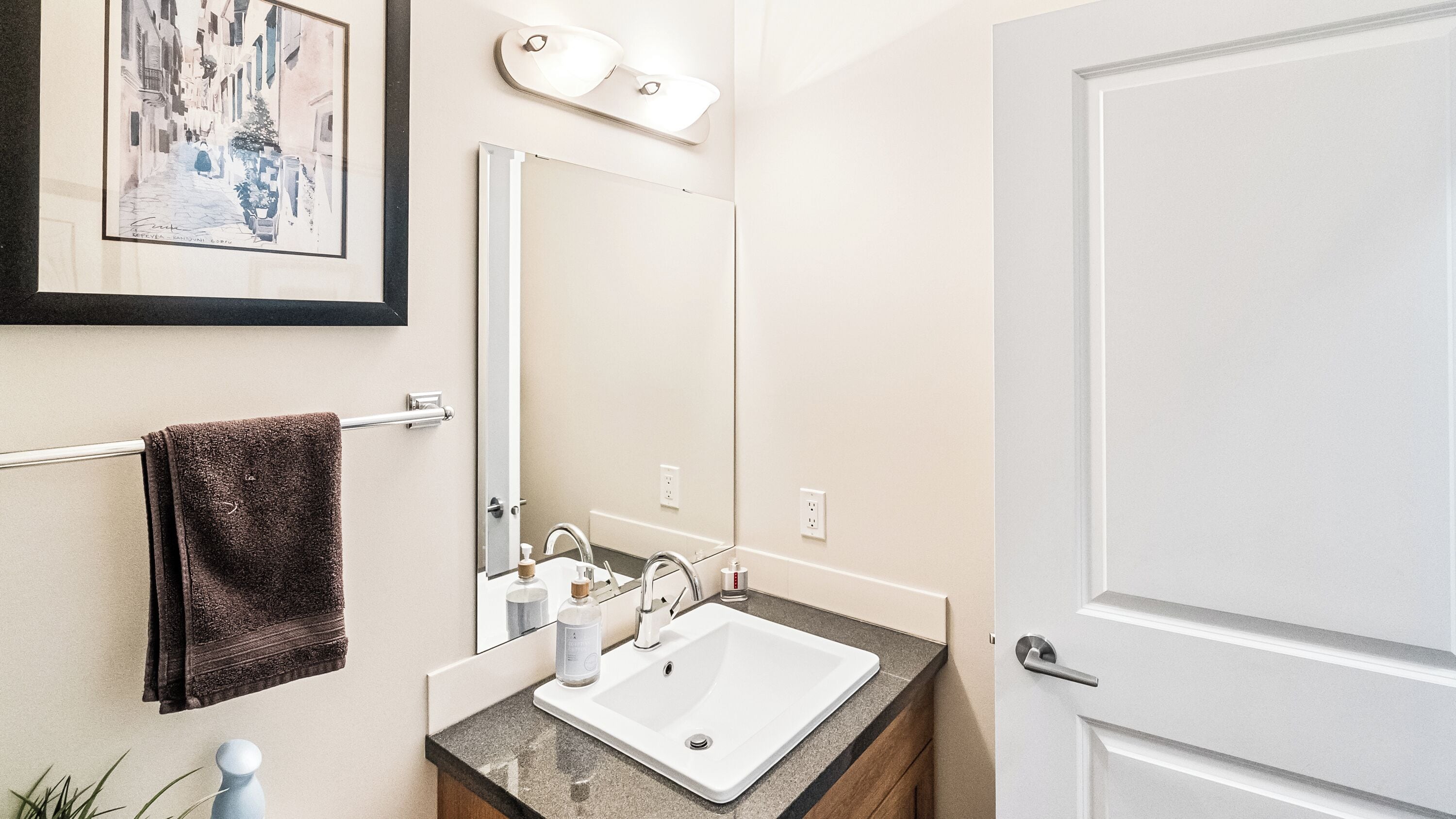 A bathroom with a white sink, a mirror, a towel rack, and a framed picture on the wall.
