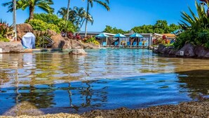 A pool area with lounge chairs and umbrellas, surrounded by rocks and tropical plants.