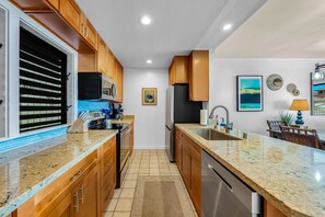 Fridge, microwave, oven, stovetop - KP212 Ocean View | AC•Pool•Gym | Two Lanais, Spectacular View w/ W/D and AC (Koloa)