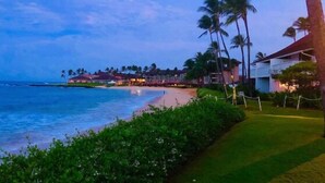 A beachfront hotel with a well-maintained lawn, palm trees, and a view of the ocean.