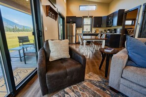Smart TV, fireplace, books