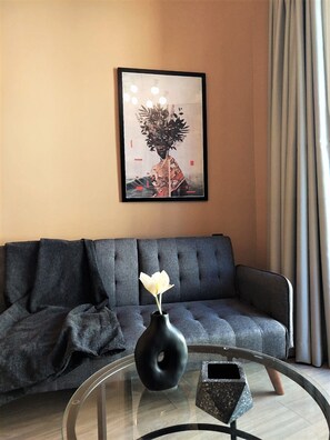 Design Apartment, 1 Queen Bed with Sofa bed, Kitchenette, City View | Living area | 42-inch Smart TV with digital channels - Terrazzo City Apts (Heraklion)