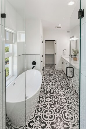 Shower, towels, soap, shampoo
