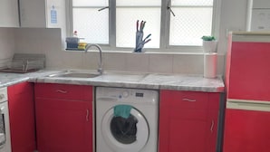 Una cocina compacta con lavadora, lavamanos y ventana con vistas.