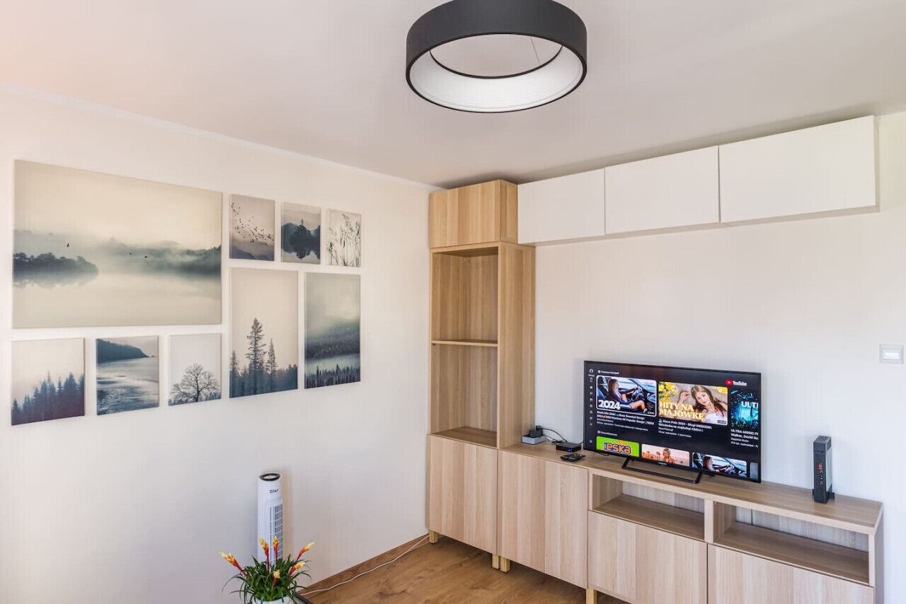 Ein modernes Wohnzimmer mit Flachbildfernseher, Holzregalen und Wandbildern.