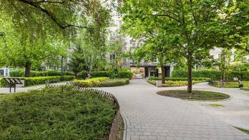 A paved pathway in a landscaped area with trees and shrubs, leading to a building entrance.