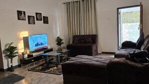 A living room with a television, a sofa, a chair, a coffee table, and a plant. - Eagle Weavers Nest (Livingstone)