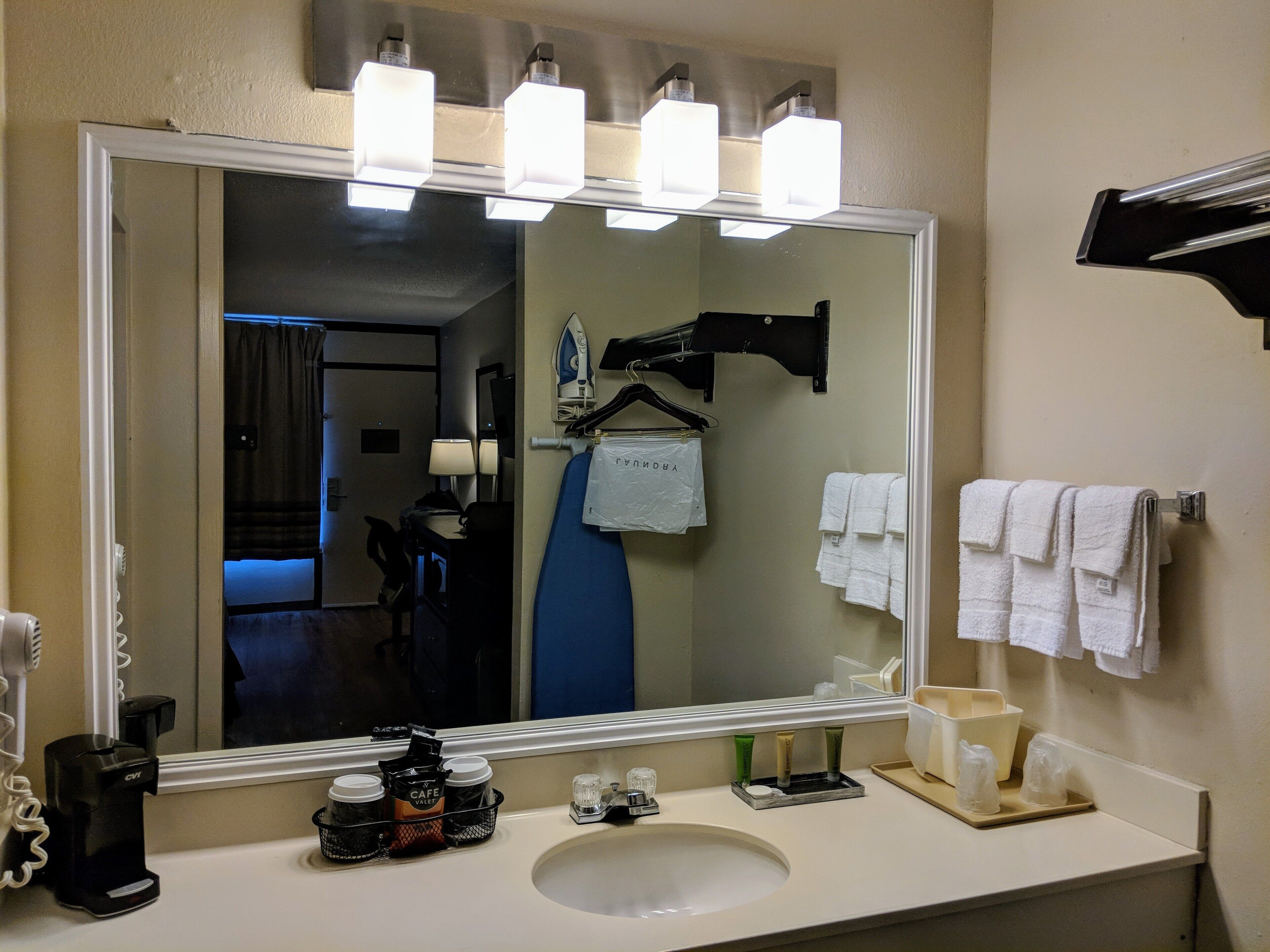 Hair dryer, towels, soap, shampoo