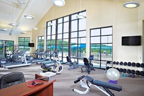 A gym with cardio machines, free weights, and a view of the outdoors through large windows. - 2 King Beds, Cozy Fireplace, Deck ~ Galena Territory (Galena)