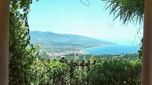 Vista a través de una pérgola de madera con exuberante vegetación, sobre un paisaje costero con una masa de agua y colinas distantes.