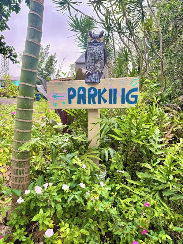 Un letrero de madera con la palabra 'PARKING' y una flecha señalando a la izquierda, rodeado de exuberante follaje y un búho decorativo.