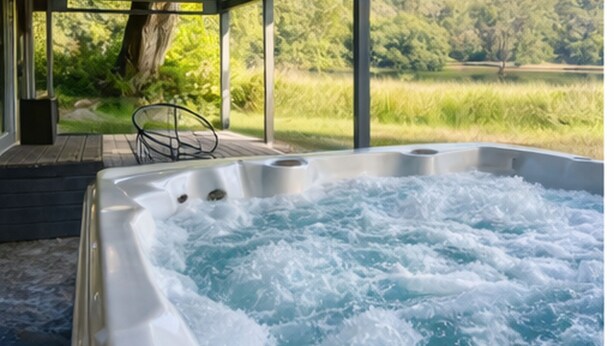 Een hottub met een houten terras en uitzicht op een grasveld en bomen.
