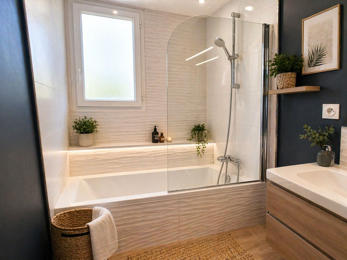 Une salle de bain moderne dotée d’une douche à parois de verre, d’une baignoire et d’un meuble-lavabo avec un évier.