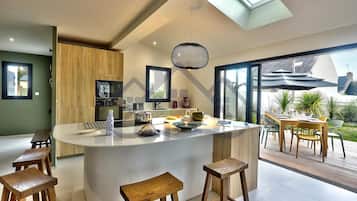 Fridge, microwave, coffee/tea maker, cookware/dishes/utensils