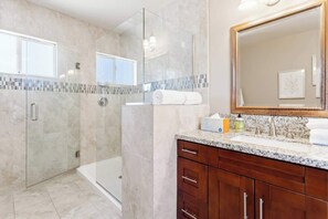 Shower, hair dryer, shampoo