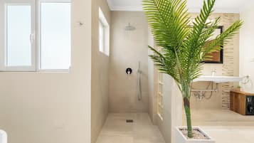 Secadora de cabello, toallas, papel de baño