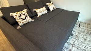 Un canapé gris agrémenté de coussins à motifs et un tapis à motifs dans une pièce dont le sol est recouvert de planches de bois.