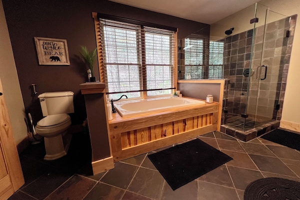 Shower, jetted tub, hair dryer, bidet