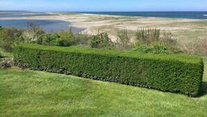Un paysage côtier agrémenté d’une haie bien entretenue, de zones herbeuses et d’une vue sur l’océan.