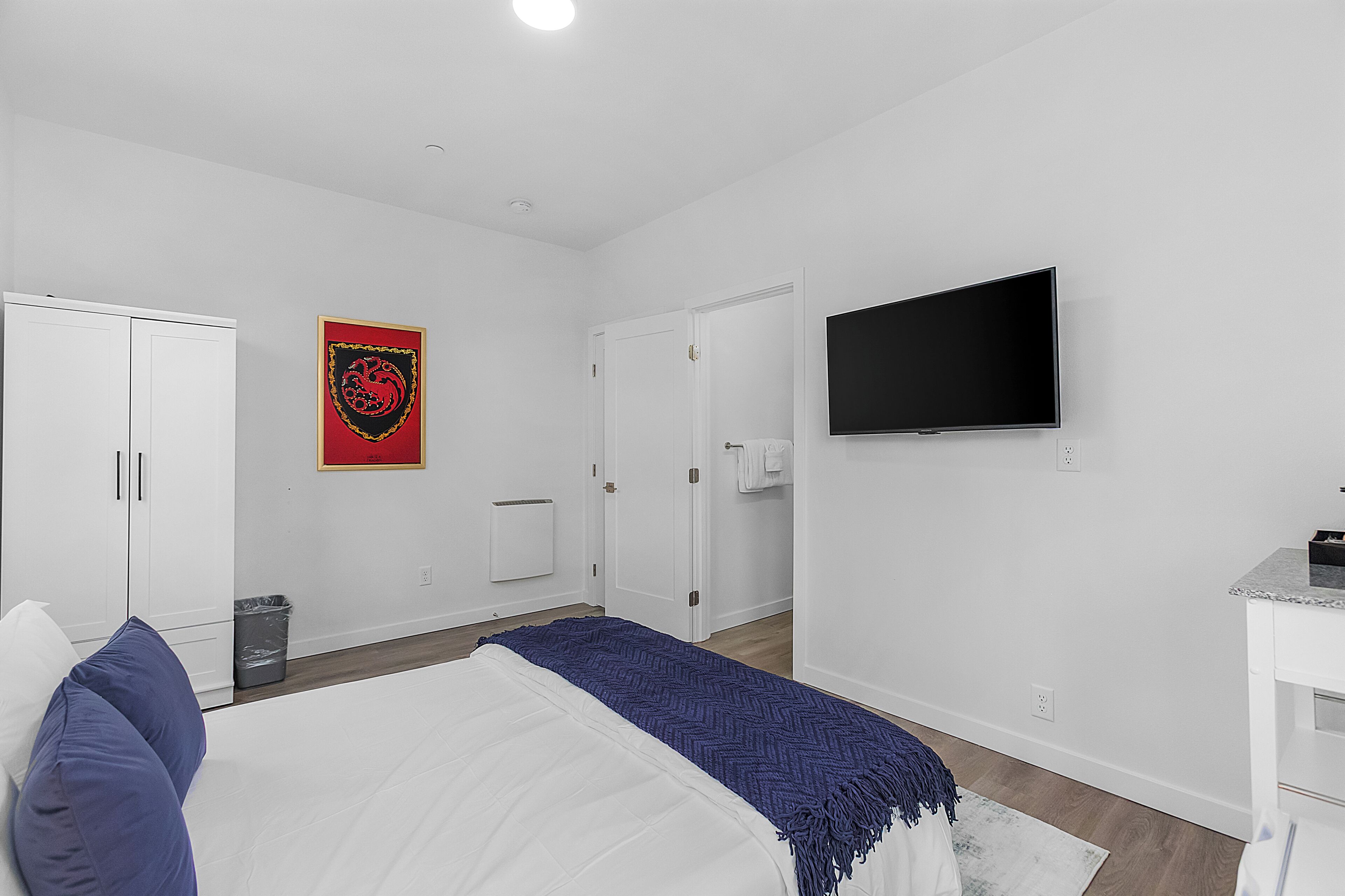 Une chambre à coucher avec un lit, une télévision, une armoire et une porte.