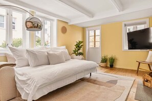 Fernseher, Kamin, Bücher, Arbeitsbereiche