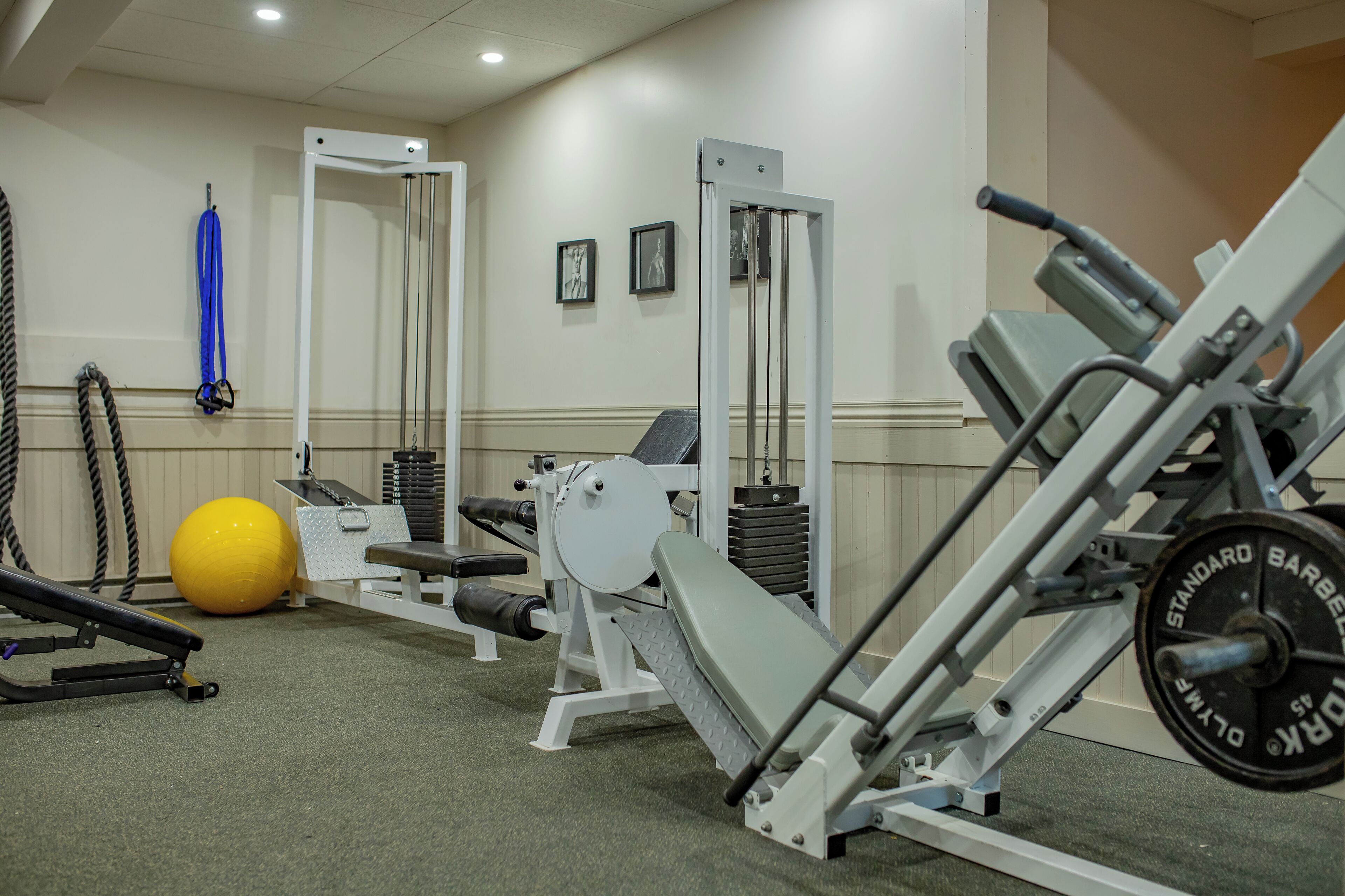 A gym with weightlifting equipment, a yellow exercise ball, and a blue resistance band.