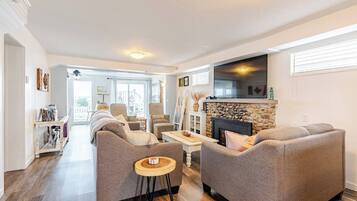 Smart TV, fireplace, books