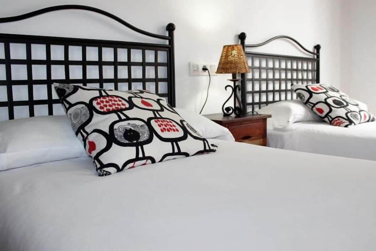A double bed with a black metal frame and a patterned pillow. There is a nightstand with a lamp and a power outlet.