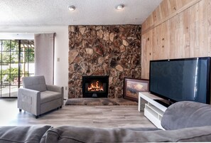 A living room with a stone fireplace, a grey sofa, a flat-screen TV, and a wooden wall paneling.