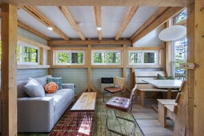 Smart TV, fireplace, books