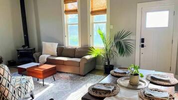 TV, fireplace, books, offices