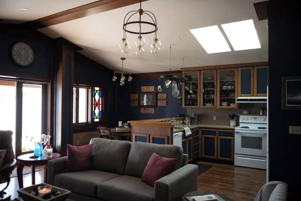 TV, fireplace, books